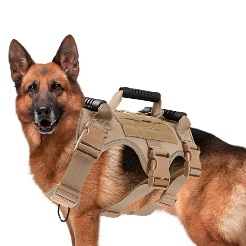 Reflektierender Hundegeschirr, Gummigriff Sicherheitsgeschirr Weiches Nylonfutter Schützt Haustiere, Verstellbar DIY Taktisches Hundegeschirr Stabiler D Ring, für Leine, Hundemarke (L, Khaki) von Les-Theresa