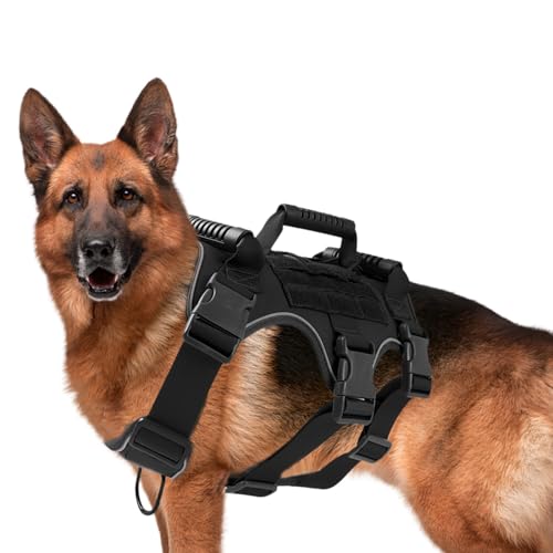 Reflektierender Hundegeschirr, Gummigriff Sicherheitsgeschirr Weiches Nylonfutter Schützt Haustiere, Verstellbar DIY Taktisches Hundegeschirr Stabiler D Ring, für Leine, Hundemarke (XL, Schwarz) von Les-Theresa