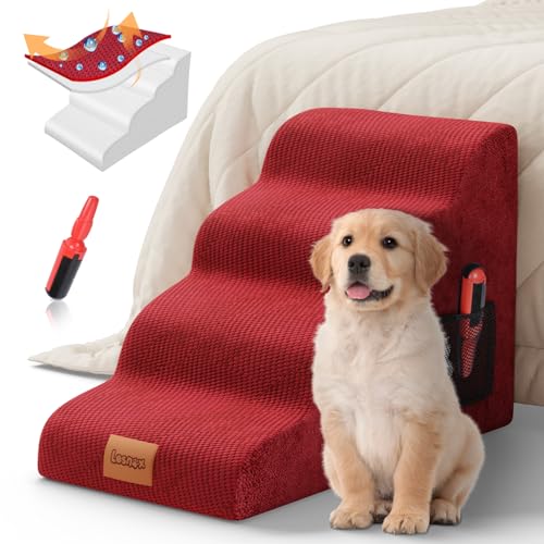 Lesnox Hundetreppe für Bett, 4-stufig, 25D Schaumstoff Haustiertreppe Treppe Treppe mit Wasserdichter Abdeckung rutschfest Hunderampe Leiter für Couch Sofa Bett, Geeignet für Kleine Hunde Katzen mit von Lesnox