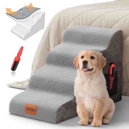 Lesnox Hundetreppe für Bett, 4-stufige 25D Schaumstoff-Haustiertreppe mit wasserdichter Abdeckung, rutschfest, Hunderampe/Leiter für Couch, Sofa, Bett, geeignet für kleine Hunde und Katzen mit von Lesnox