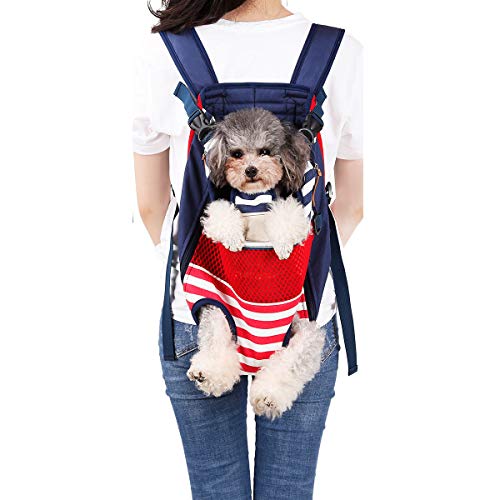 Lifeunion Legs Out Dog Carrier Rucksack Hands-Free Verstellbare Haustier Reisetasche für kleine mittelgroße Hunde Katzen Motorrad Wandern Spaziergang (Rot und Blau Streifen) von Less bad