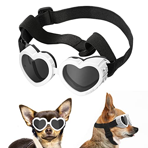 Lewondr Sonnenbrille für Kleine Hunde UV Schutzbrille, Hunde Herzförmige Winddichte Antibeschlagbrille, wasserdichte Hundebrille mit Einstellbarem Gummiband für Kleine Hunde - Weiß von Lewondr