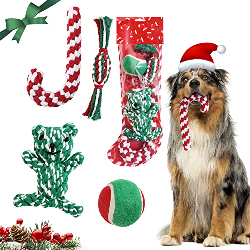 Lewondr Weihnachten Hundespielzeug Seile, 4 Stück Hund Kauspielzeug aus Baumwolle für Training & Welpen Zahnen, Hunde Weihnachtsstrumpf Geschenk, Interaktiv Hundeball für Klein Mittel Groß Hunde von Lewondr