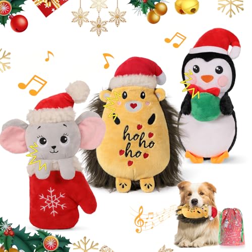 Lewondr Weihnachts Quietschspielzeug, 3pcs Xmas Plüsch Interaktiv Hundespielzeug für Klein & Mittel Hund, Niedlich Weihnachten Welpen Spielzeug Pinguin, Igel, Maus von Lewondr