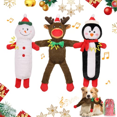 Lewondr Weihnachts Quietschspielzeug, 3pcs Xmas Plüsch Interaktiv Hundespielzeug für Klein & Mittel Hund, Niedlich Weihnachten Welpen Spielzeug Pinguin, Schneemann, Rentier von Lewondr