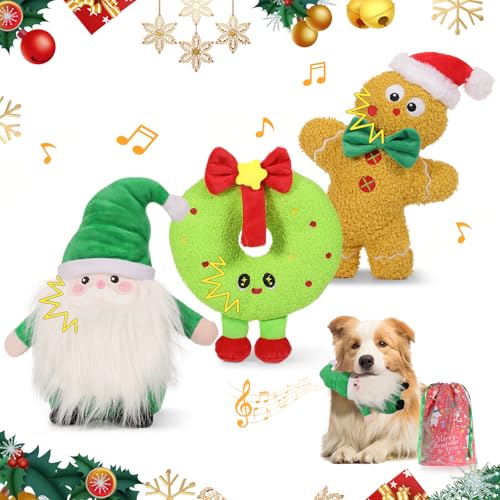 Lewondr Weihnachts Quietschspielzeug, 3pcs Xmas Plüsch Interaktiv Hundespielzeug für Klein & Mittel Hund,Niedlich Weihnachten Welpen Spielzeug Weihnachtsmann,Lebkuchenmann,Donut von Lewondr