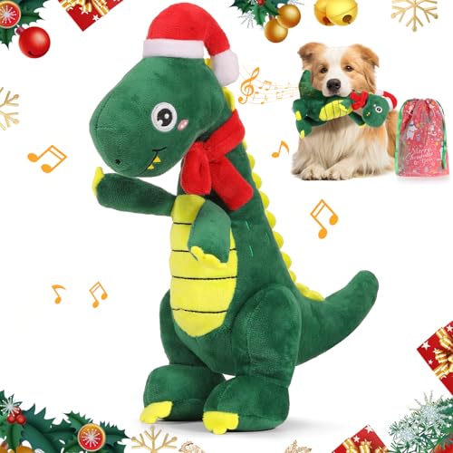 Lewondr Weihnachts Quietschspielzeug für Hunde, Xmas Dinosaurier Plüsch Hundespielzeug mit Quietscher, Welpe Beißspielzeug mit Kauleiste, Kleine & Mittlere Hunde, Dunkel Grün von Lewondr