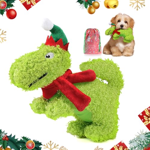 Lewondr Weihnachts Quietschspielzeug für Hunde, Xmas Dinosaurier Plüsch Hundespielzeug mit Quietscher, Welpe Beißspielzeug mit Kauleiste, Kleine & Mittlere Hunde, Grün von Lewondr