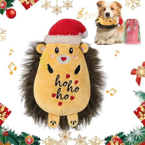 Lewondr Weihnachts Quietschspielzeug für Hunde, Xmas Igel Plüsch Hundespielzeug mit Quietscher, Welpe Beißspielzeug mit Kauleiste, Kleine & Mittlere Hunde, Braun von Lewondr