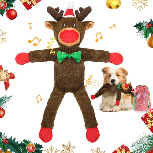 Lewondr Weihnachts Quietschspielzeug für Hunde, Xmas Rentierform Plüsch Hundespielzeug mit Quietscher, Welpe Beißspielzeug mit Kauleiste, Kleine & Mittlere Hunde, Dunkel Braun von Lewondr