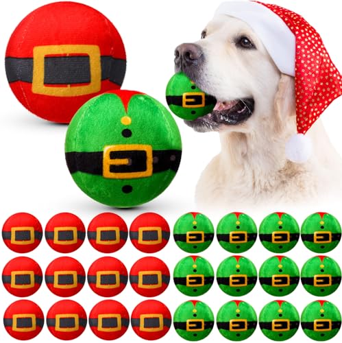 Leyndo 24 Stück Weihnachtsspielzeug für Hunde, 8,9 cm, gefüllt, Plüsch, Urlaub, Hundespielzeug, Bälle, Weihnachts-Tennisbälle, Quietschspielzeug für kleine, mittelgroße und große Hunde, Kauspielzeug, von Leyndo