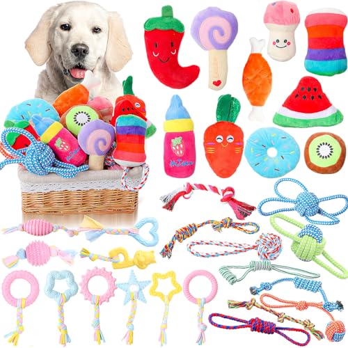 Leyndo 30 Stück Hundespielzeuge zum Zahnen, inklusive 10 Gummi-Welpen-Kauspielzeuge mit Stoffstreifen, 10 Hundespielzeugen, 10 interaktives quietschendes Plüschspielzeug für kleine Hunde von Leyndo