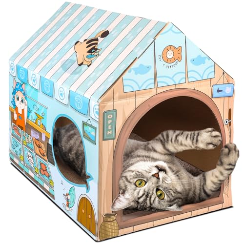 LiBa Karton Urlaub Katzenhaus mit Kratzpad und Katzenminze, Katzenbett für Indoor Katzen, Katzenkratzspielzeug, Weihnachtsdekorationen Katzengeschenke für Katzen Fischgräten von LiBa