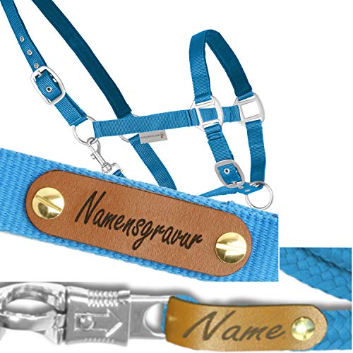 LiLa Pferd Pferde-Halfter-Set mit gravierten Namensschildern Waldhausen Satin Azurblau + Economic Führstrick (PON) von LiLa Pferd