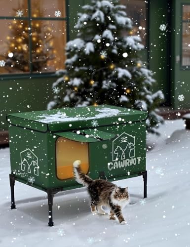 Beheiztes Katzenhaus für den Außenbereich, abnehmbares Wildkatzenhaus mit offenem Fenster für drinnen draußen, Katzenhaus wetterfest im Winter, Katzenhaus mit Haustierheizkissen (Grün, Groß) von LiLadayd