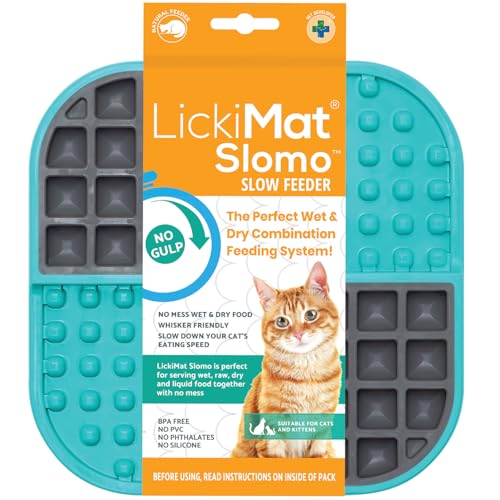 LickiMat Slomo Cat Slow Feeder Lick Mat, Langeweile Angstlinderung Perfekt für Futter, Leckereien, Joghurt oder Erdnussbutter Lustige Alternative zu einem Slow Feed Katzennapf oder -napf, Türkis von LICKIMAT