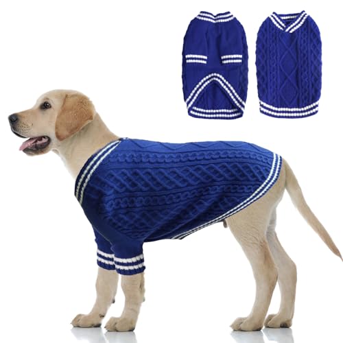 LiebeDD Hundepullover Grosse Hunde, Warm Strickmantel Hundepulli V-Ausschnitt Hunde Pullis Strick Hund Pullover für Französische Bulldogge, Labrador, Deutscher Schäferhund, Dog Sweater (Blau XXL) von LiebeDD