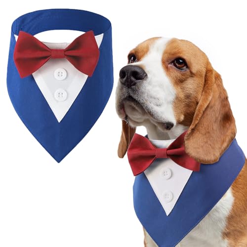 LiebeDD Halstuch Hund mit Fliege, Haustier Hundehalstuch Dreieckstuch Halstücher Hunde Smoking Bandana, Verstellbar Kopftücher Formale Hund Hochzeit Outfit für Geburtstag Party, Blau Rot Fliege, XL von LiebeDD