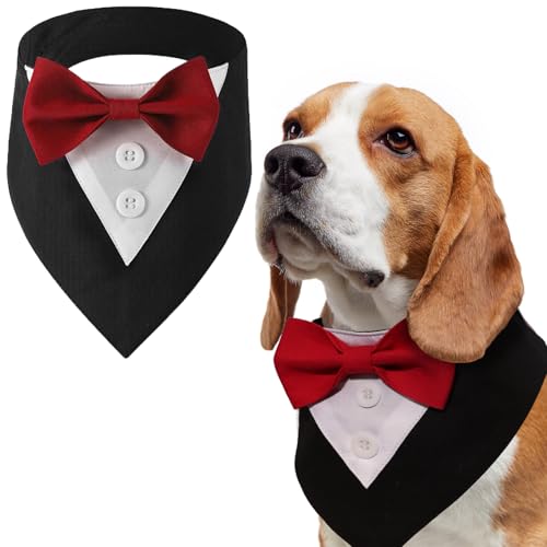 LiebeDD Halstuch Hund mit Fliege, Haustier Hundehalstuch Dreieckstuch Halstücher Hunde Smoking Bandana, Verstellbar Kopftücher Formale Hund Hochzeit Outfit für Geburtstag Party, Schwarz Rot Fliege, M von LiebeDD