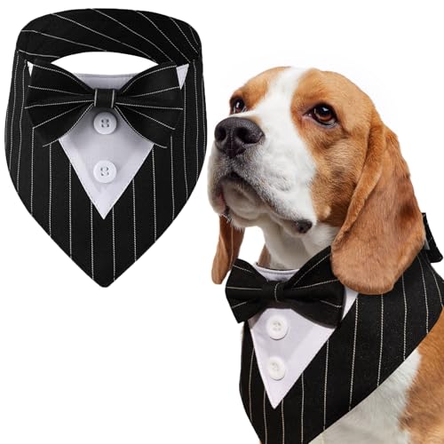 LiebeDD Halstuch Hund mit Fliege, Haustier Hundehalstuch Dreieckstuch Halstücher Hunde Smoking Bandana, Verstellbar Kopftücher Formale Hund Hochzeit Outfit für Geburtstag Party, Schwarz Streifen, L von LiebeDD