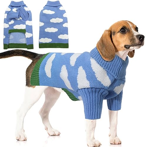 LiebeDD Hunde Pullover Kleine Hund Hundepulli - Weihnachten Hundepullover für Französische Bulldogge Chihuahua Kleidung Winter Warm Dog Sweater Pullis mit Weiß Wolkenmuster, Blau, L von LiebeDD