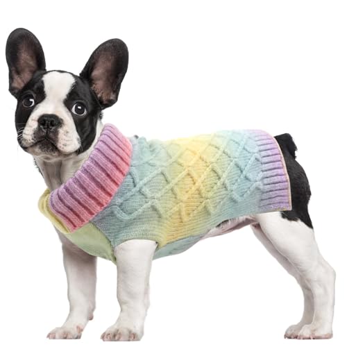 LiebeDD Hundepullover Grosse Hunde Pullis für Französische Bulldogge, Regenbogen Pullover Hund Weihnachtspullover Klassischer Rollkragen Strickpullover Winter Warm Fleece Hundepulli, XL von LiebeDD