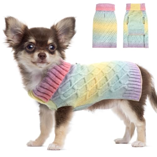 LiebeDD Hundepullover Kleine Hunde Pullis für Französische Bulldogge, Regenbogen Pullover Hund Weihnachtspullover Klassischer Rollkragen Strickpullover Winter Warm Fleece Hundepulli, XS von LiebeDD