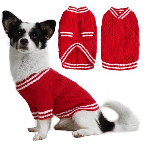 LiebeDD Hundepullover - Warm Dackel Pullover Hund mit Beinen, Elegant College Hundepulli V-Ausschnitt Hunde Pullis Strick Hundepullover für Kleine Mittelgroße Grosse Hunde Dog Sweater (Rot S) von LiebeDD