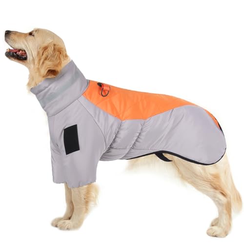 LiebeDD Wasserdicht Hundemantel Winter Warm Hunde Jacken mit Geschirr, Outdoor Hundemantel Grosse Hunde Wintermantel mit Bauchschutz Hund Winterjacke für Dackel Labrador, Orange, 2XL von LiebeDD