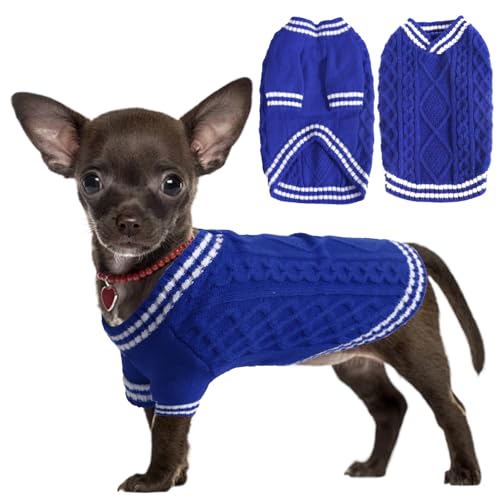 LiebeDD Hundepullover - Warm Chihuahua Pullover Hund mit Beinen, Elegant College Hundepulli V-Ausschnitt Hunde Pullis Strick Hundepullover für Kleine Mittelgroße Grosse Hunde Dog Sweater (Blau XS) von LiebeDD