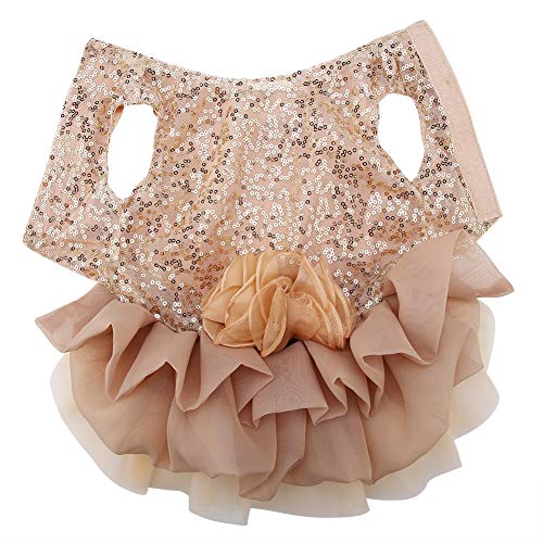 LiebeWH Hundekleid Hundehochzeitskleid Welpenrock Hundekleidung Kleiner Hund Hochzeitskleid Gold Hundekleid Welpen Pailletten Prinzessin Blasenrock Hochzeitskostüm (Gold) von LiebeWH