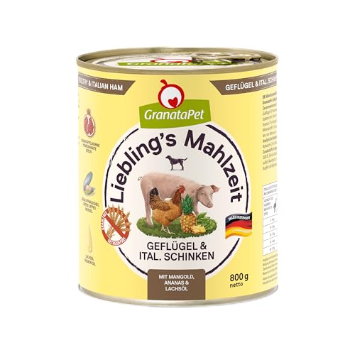 GranataPet Liebling's Mahlzeit Geflügel & italienischer Schinken, Nassfutter für Hunde, Hundefutter ohne Getreide & ohne Zuckerzusätze, Alleinfuttermittel, 6 x 800 g von GranataPet