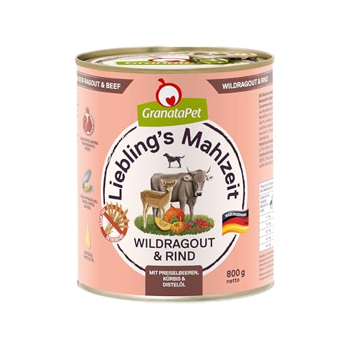 GranataPet Liebling's Mahlzeit Wildragout & Rind, Nassfutter für Hunde, Hundefutter ohne Getreide & ohne Zuckerzusätze, Alleinfuttermittel, 6 x 800 g von GranataPet