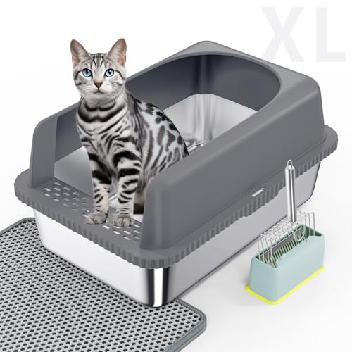 Jumbo-Katzentoilette aus Edelstahl mit Deckel, extragroße Katzentoilette aus Metall, inklusive Metallstreuschaufel, Matte, hochseitig, geschlossene Katzentoilette für hochfliegende Katze, kein Geruch, von Lietom