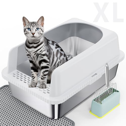 Lietom Jumbo-Katzentoilette aus Edelstahl mit hohen Seiten, Metall-XL-Katzentoiletten für große Katzen, antihaftbeschichtet, ordentlich, spritzwassergeschützt, leicht zu reinigen, hochseitige von Lietom