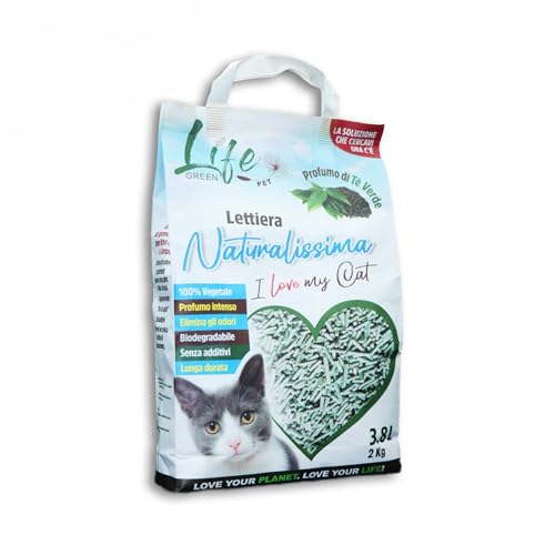 LifeGreen Naturalissima Katzenstreu, 16 kg, grüner Tee, mit Erbsenfaser und Maisstärke, pflanzlich, biologisch abbaubar, klumpend, geruchshemmend von LifeGreen