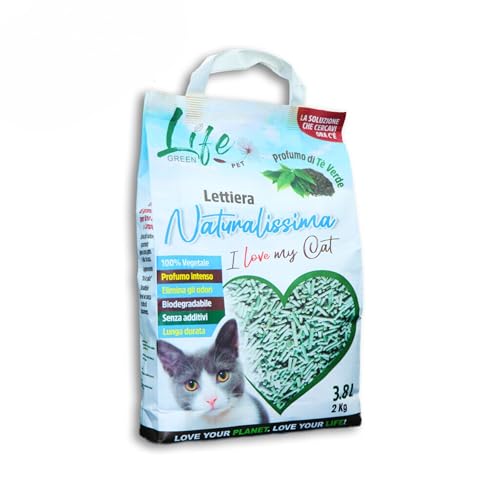 LifeGreen Naturalissima Katzenstreu, 2 kg, grüner Tee, mit Erbsenfaser und Maisstärke, pflanzlich, biologisch abbaubar, Agglomerant, 3,8 l, Geruchsentferner von LifeGreen