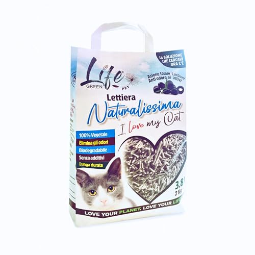 LifeGreen Naturalissima Katzenstreu für Katzen, 2 kg, Aktivkohle, mit Erbsenfaser und Maisstärke, pflanzlich, biologisch abbaubar, klumpend 3,8 l, geruchshemmend von LifeGreen