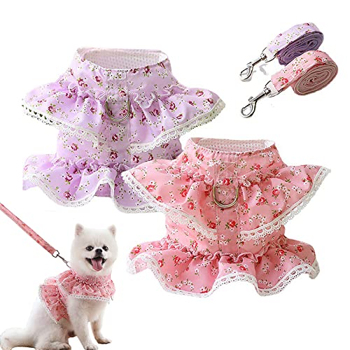 2 Stück Hundegeschirr Weste mit Leine Set Rosa Blume Welpengeschirr Mesh Atmungsaktiv Katze Weste Geschirr Niedlich Doggy Lace Prinzessin Kleidung für Outdoor Walking Kleidung für kleine Jungen von LifeWheel