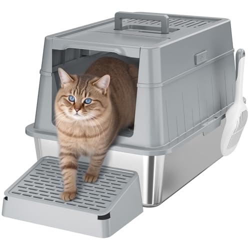 Lifewit Katzenklo Edelstahl mit Deckel，Katzenklo Groß Katzentoilette XXL Katzenklo Geschlossen für Große Katzen, Front-Eingang-Ausgang Katzentoiletten-Metallstreu-Box mit Schaufel & Pedal, Grau von Lifewit