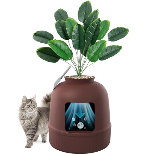 Lifewit Katzenklo mit Kunstpflanze und Schaufel für große Katzen, verstecktes Katzenklo mit Geruchskontrolle & Kohlefilter im Wohnzimmer/Schlafzimmer/Badezimmer, Braun von Lifewit