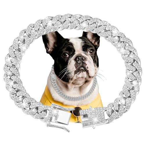 Lilbitty Silberner Hundehalsband Diamant Kubanisches Gliederhalsband 13mm Breites Hundehalsband Metall Katzenhalsband Haustier Kristallhalsband Schmuck Zubehör,40cm von Lilbitty