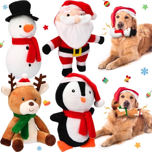 Liliful 4 Stück Weihnachten Quietschendes Hundespielzeug Bulk Xmas Gefüllte Plüsch Hundespielzeug Weihnachtsmann Schneemann Elch Pinguin Hund Interaktives Zahnen Kauspielzeug für Weihnachten Kleine von Liliful