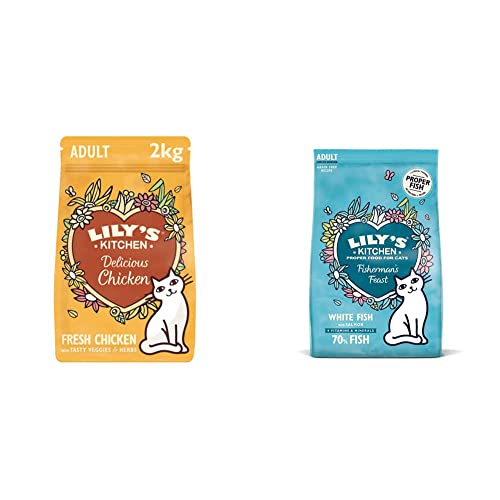 Lily’s Kitchen Trocken Katzenfutter mit Hühnerfleisch und Kräutern für ausgewachsene Katzen, 2 kg, Verpackung kann variieren & Fischermenü mit Weißfisch und Lachs trocken AlleinKatzenfutter, 2 Kg von Lily's Kitchen