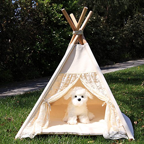 Lily&her friends -Haustier Tipi, Baumwoll-Leinen-Zelt für Hunde (Welpen) und Katzen, waschbares, Wigwam, tragbare Hundezelte, Haustierhäuser von indischem Design mit dickem Kissen (Beige,Spitze,klein) von Lily&her friends