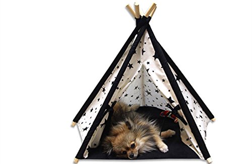 Lily&her friends - Haustier Tipi, Baumwoll-Leinen-Zelt für Hunde und Katzen, waschbares, Wigwam, tragbare Hundezelte, Haustierhäuser von indischem Design mit dickem Kissen (Schwarz, Sterne, Medium) von Lily&her friends