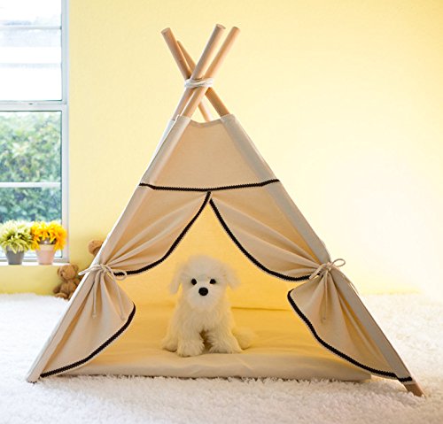 Lily&her friends - Haustier Tipi,Baumwoll-Leinen-Zelt für Hunde und Katzen,waschbares,Wigwam,tragbare Hundezelte,Haustierhäuser von indischem Design mit dickem Kissen (Beige, Rand mit Schwarz, Mittel) von Lily&her friends