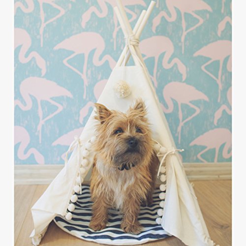 Lily&her friends - Haustier Tipi,Baumwoll-Leinen-Zelt für Hunde und Katzen,waschbares,Wigwam,tragbare Hundezelte,Haustierhäuser von indischem Design mit dickem Kissen (weiß, Kugeldekorationen, mittel) von Lily&her friends