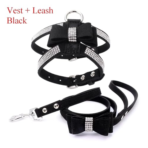 KANGYEBAIHUODIAN Fit for Pet Harness Leine Mit Strass Bling Kristall Verstellbarer Brustgurt Weichem Wildleder Bogen Leder Hohe Qualität Drop Shipping (Color : Harness Leash Black, Size : L) von LinCys