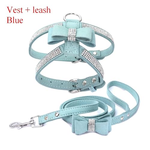 KANGYEBAIHUODIAN Fit for Pet Harness Leine Mit Strass Bling Kristall Verstellbarer Brustgurt Weichem Wildleder Bogen Leder Hohe Qualität Drop Shipping (Color : Harness Leash Blue, Size : L) von LinCys